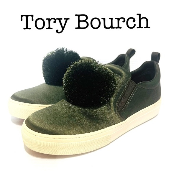 New Tory Burch Daphne Pom Pom Green Satin Luxe Platform Sneakers Size 9